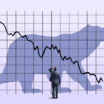 A businessman in a suit stands with his back to the viewer, scratching his head in front of a bear silhouette and a downward trending graph.