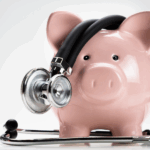 Pink piggy bank with a stethoscope draped around its neck, symbolizing healthcare and financial wellness.