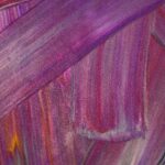 Vibrant abstract painting with bold brush strokes in shades of purple, pink, and hints of orange, creating a dynamic texture.