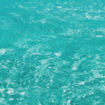 Vibrant turquoise ocean water with gentle ripples reflecting sunlight, creating a shimmering effect.