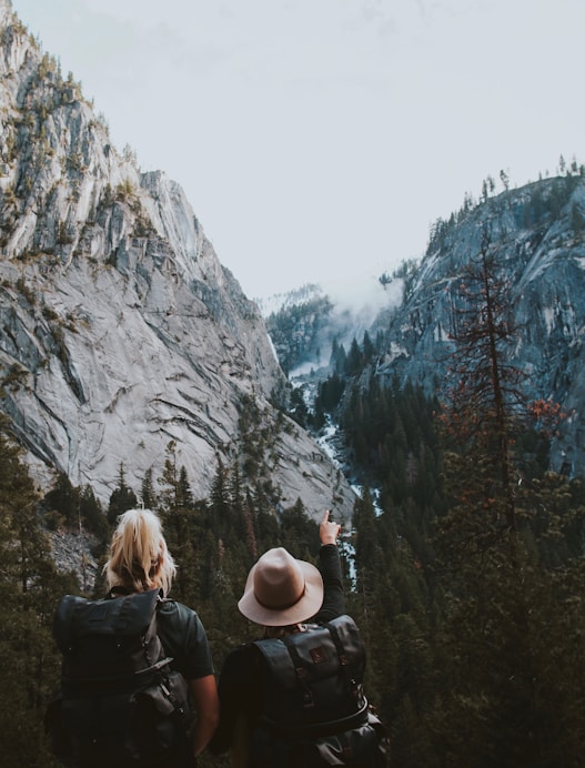 Two hikers with backpacks stand facing a rocky mountain landscape, one pointing towards a distant waterfall amid the trees.