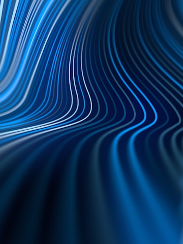 Curving lines in various shades of blue create a flowing wave pattern against a dark background.
