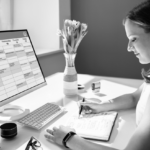 woman looking at a calendar on a computer and a notebook